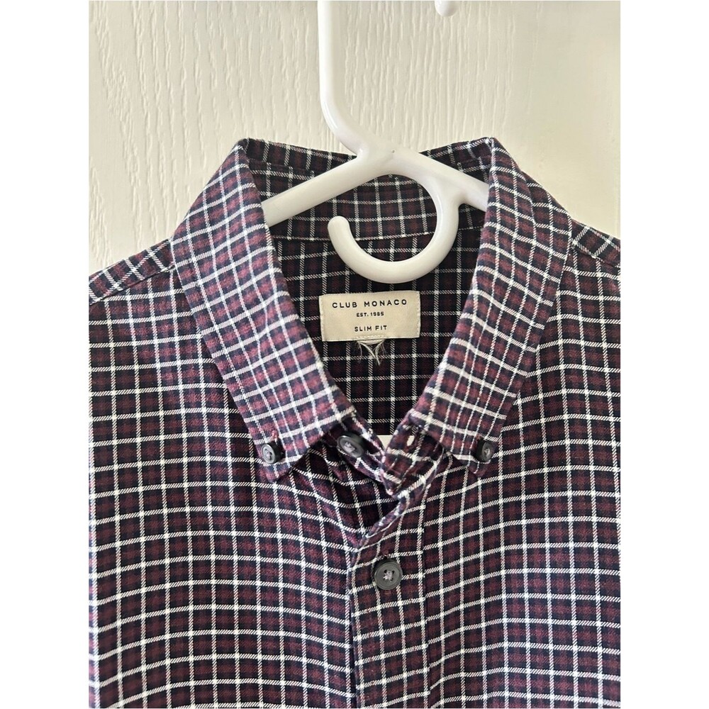Club Monaco Men’s Burgundy Maroon Plaid Slim Fit Button Down Shirt Small Preppy